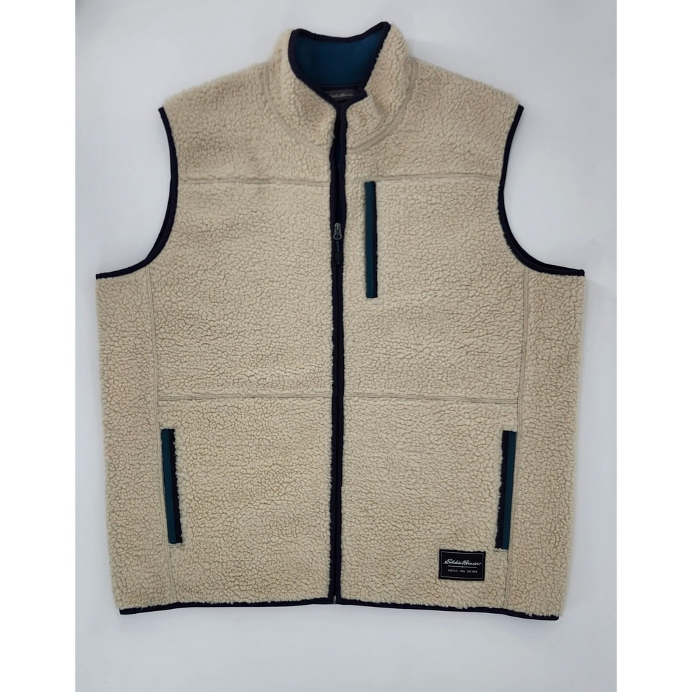Eddie Bauer Mens XL Sherpa Fleece Vest Cream Beige Teal Trim Full Zip Outdoor